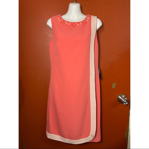 NWT Adrianna Papell Salmon Pink Center Trim Beaded Neck Dress - Picture 2 of 4